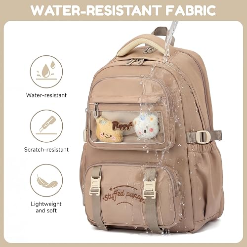 School Backpack Girls Teenagers School Bag for Girls from 5th Grade Large Backpack Casual School Bag 15.6 Inch Laptop with Cute Pendant for Primary School Secondary School, khaki, 32 x 20 x 46 cm - 5