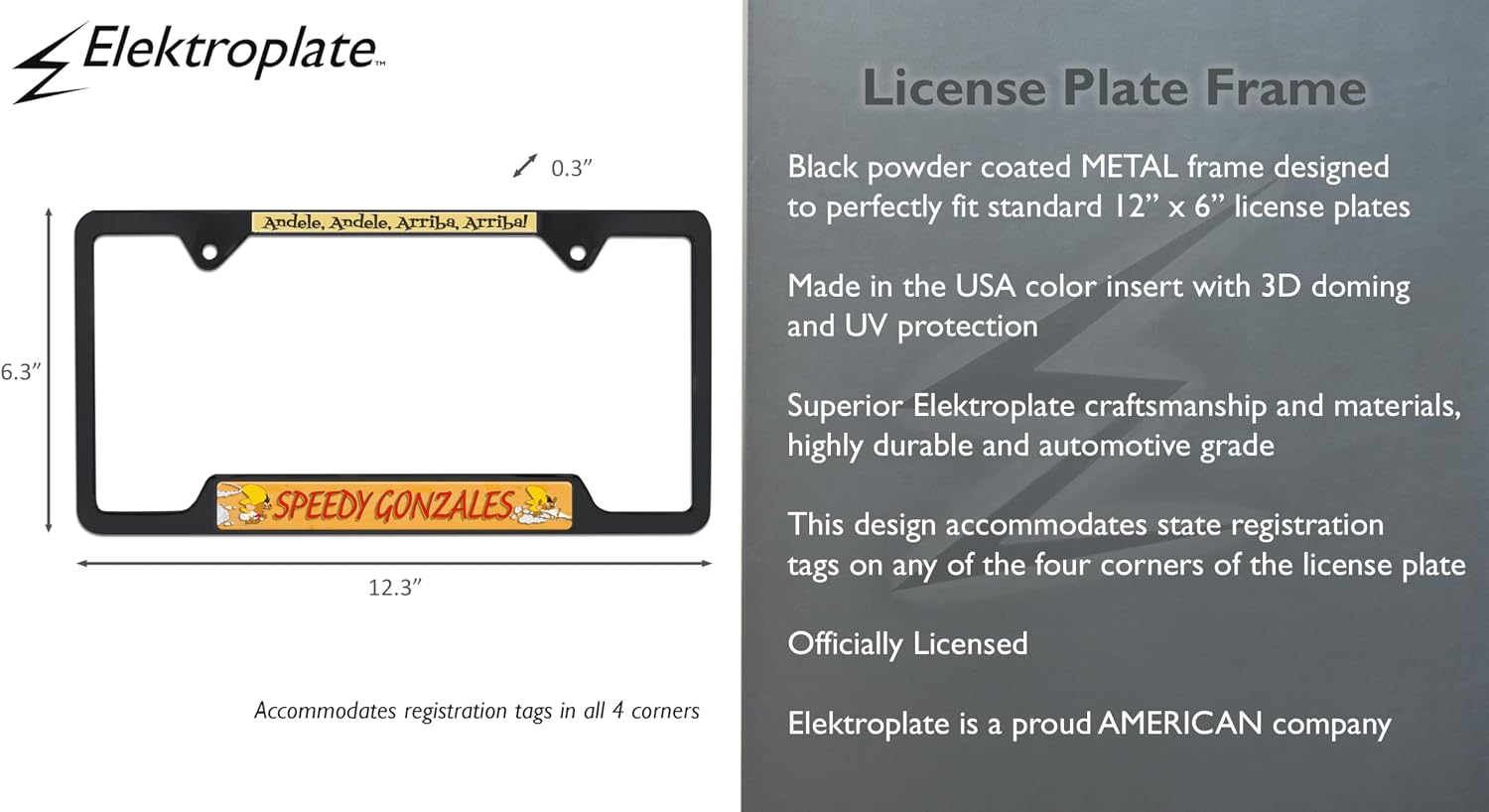Elektroplate Officially Licensed – Looney Tunes Speedy Gonzales Black All-Metal Open Corner License Plate Frame Tag Holder for Cars/SUVs/Trucks Weather-Proof Automotive Accessory