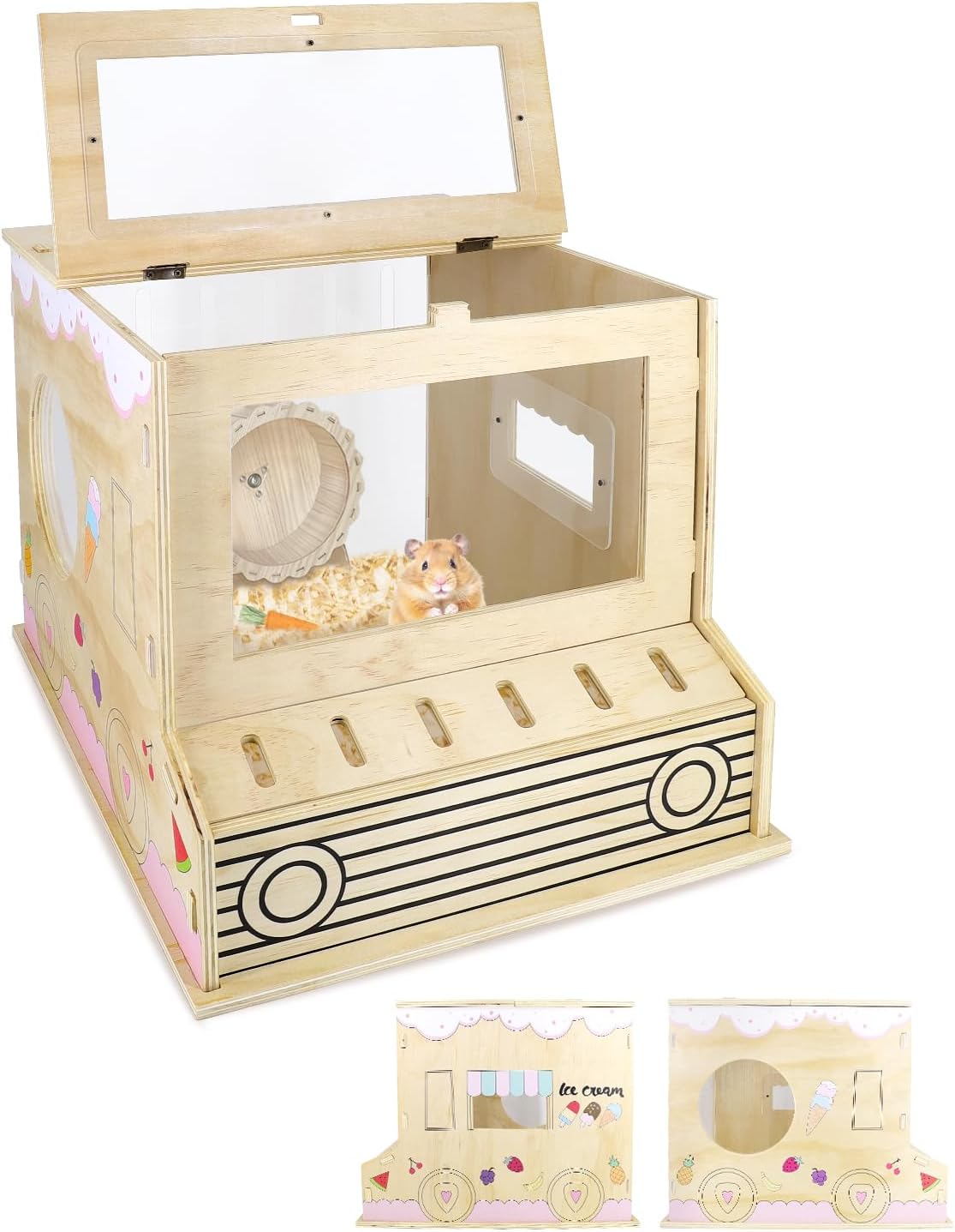 ANZOME Wooden Hamster Cage with Acrylic, Dwarf Hamster Cage with Openable Top, Small Animal Cage for Guinea Pigs, Chinchillas, Gerbils, Syrian Hamsters, Hedgehog