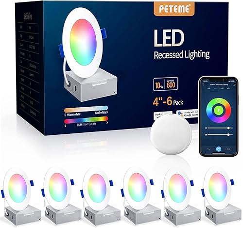 Peteme Iluminación empotrable LED inteligente de 4 pulgadas, con certificación IC, luz de techo empotrable ultrafina sin lata con caja de conexión,