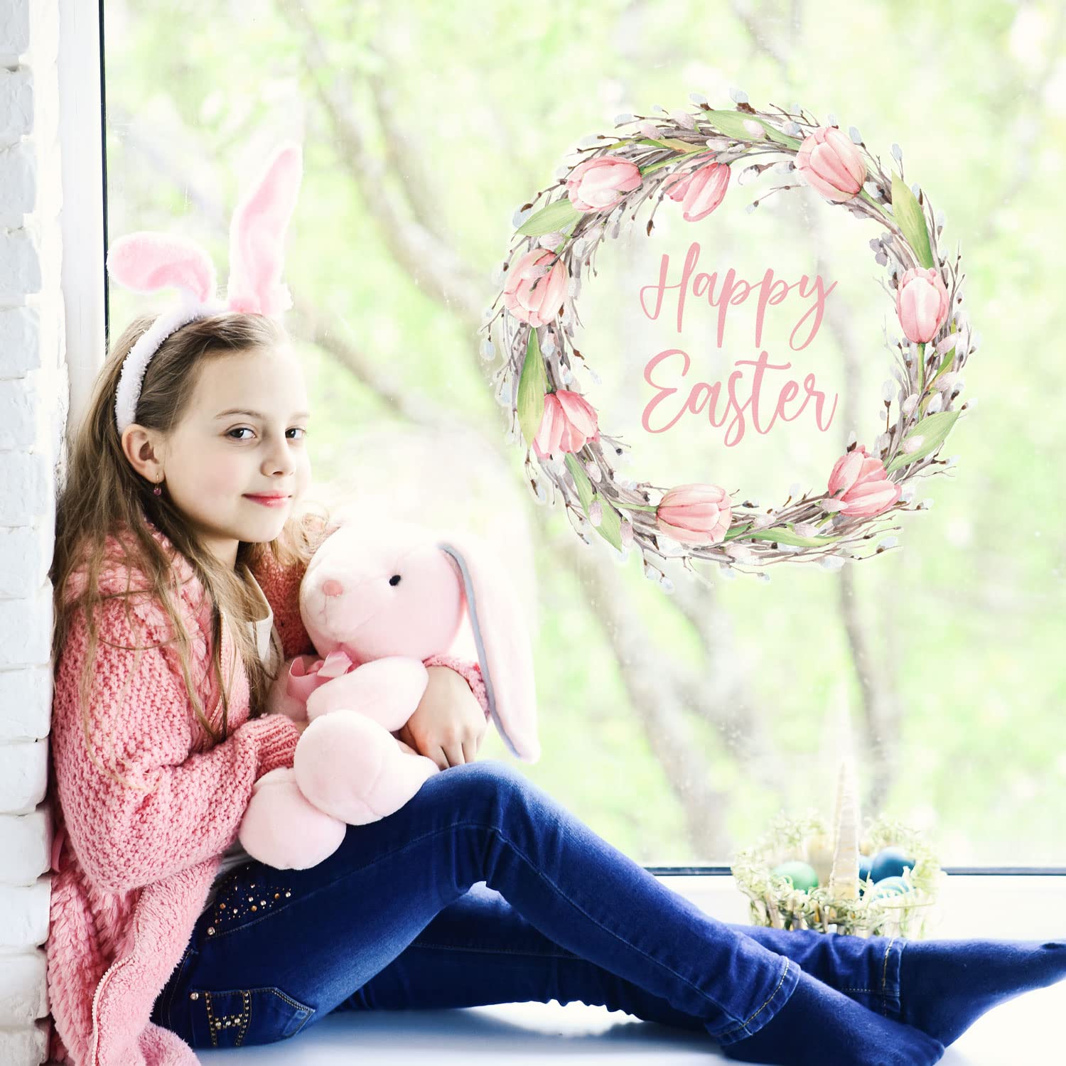 Stickerscape Happy Easter Wreath Window Sticker | Easy to Apply | Repositionable and Reusable | Viewable from Both Sides of A Window | Spring and Easter Themed Window Stickers (Pink Standard)