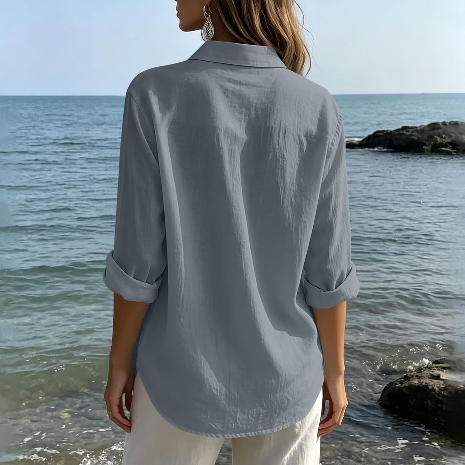 Oversized Linen Button Down Shirt for Women Lapel Long Sleeve Casual Loose Solid Blouse Lightweight Relaxed Fit Spring Top