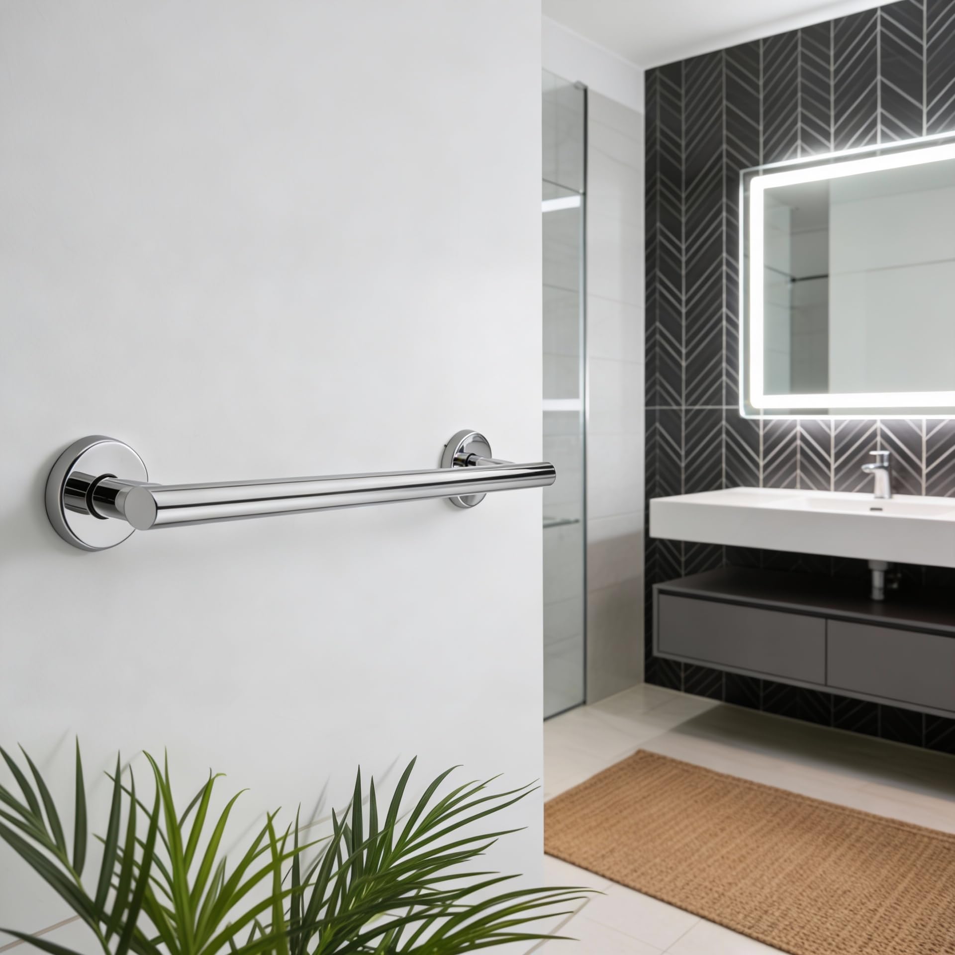 Asidero de Seguridad Recto de Acero Inoxidable 60 cm | Barra de Agarre y Apoyo Cromada con Soportes Inferiores para Ducha, Bañera y Baño Adaptado | Resistente a la Humedad