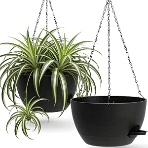 UOUZ 13 Inch 2 Pack Large Self Watering Hanging Planters for Indoor Outdoor Plants, Removable 50 Oz Reservoir, Plastic Hanging Baskets, Black