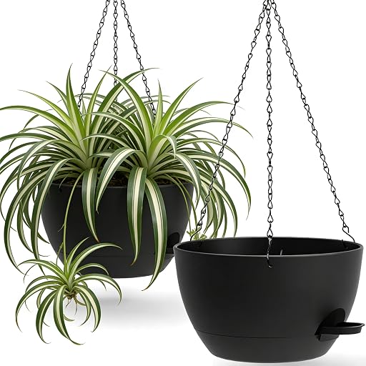 UOUZ 13 Inch 2 Pack Large Self Watering Hanging Planters for Indoor Outdoor Plants, Hanging Plant Pots with Removable 50 Oz Reservoir, Plastic Hanging Basket for Window Porch Garden Balcony, Black