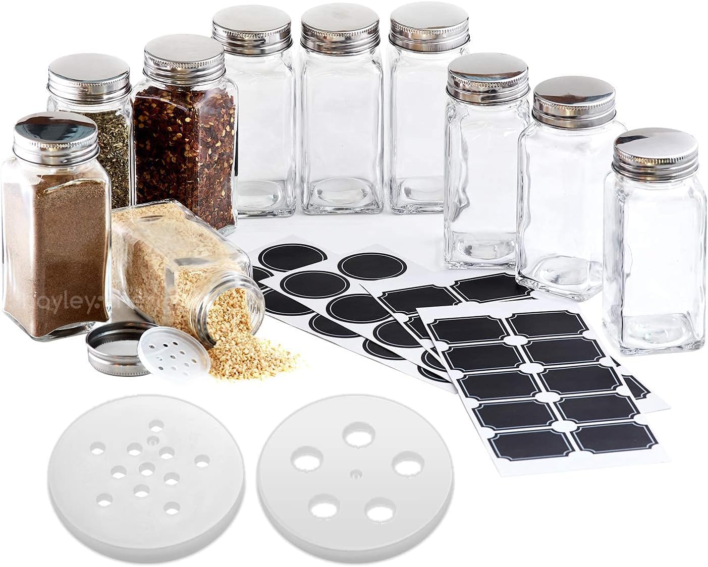 Hayley Cherie - 6 oz Large Square Glass Spice Jars (Set of 10) - Chalkboard Labels, Stainless Steel Lids and Large & Small Shaker Inserts