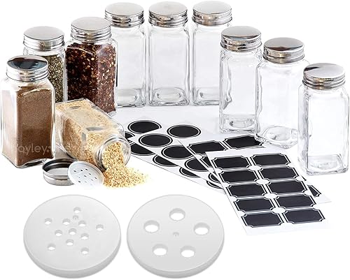 Hayley Cherie - Tarros cuadrados grandes de cristal para especias (10 unidades) - Etiquetas de pizarra, tapas de acero inoxidable e insertos de