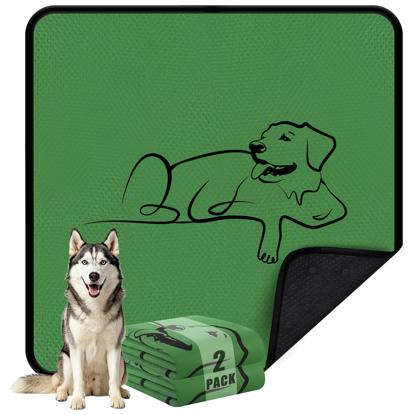 Washable Pee Pads for Dogs, Reusable Puppy Training pads Super Absorbent Non-Slip Leak-Proof Pet Mat for Home Car Travel Floor Crate Sofa Bed Protector (2 Pack 91x91cm Green)
