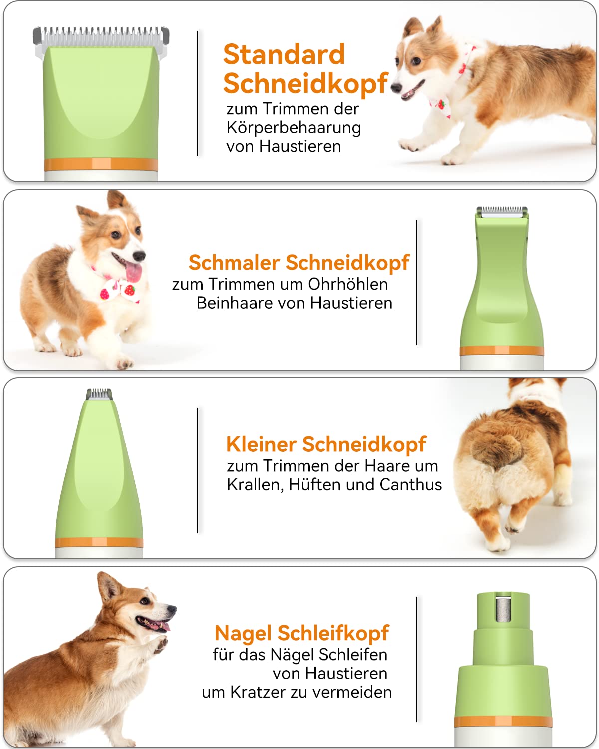 Unibono Leise Hundeschermaschine Katzenrasierer Komplett-Set, Wiederaufladbar Hund Katze Schermaschine wit 4 Multifunktions-Schneidköpfen für Pfoten, Augen, Ohren, Gesicht, Körper, IPX7 Wasserdicht