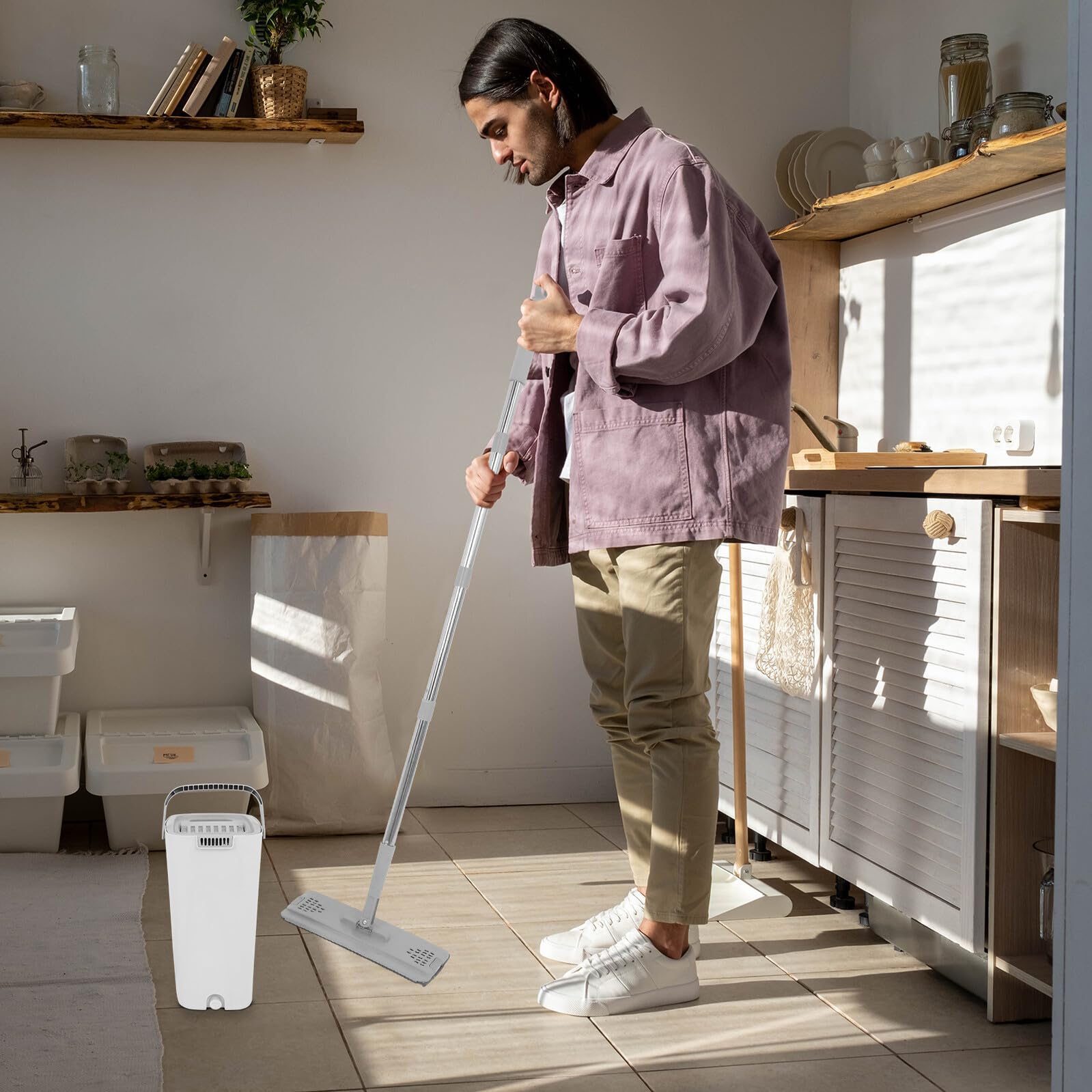 OUNONA Mopa y Cubo con Escurridor Diseño Práctico para Limpieza de Suelos Paredes y Ventanas Uso Seco y Húmedo con Almohadillas Lavables y Sistema de Rasqueta Integrada