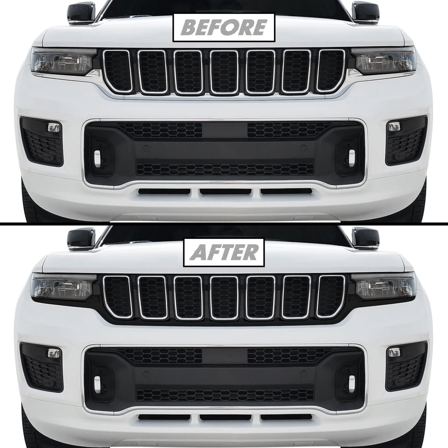 SlickMod Chrome Delete Blackout Vinyl Overlay for 2021-2023 Jeep Grand Cherokee L Front Bumper Trim (2. Front Bumper Trim, Gloss Black)