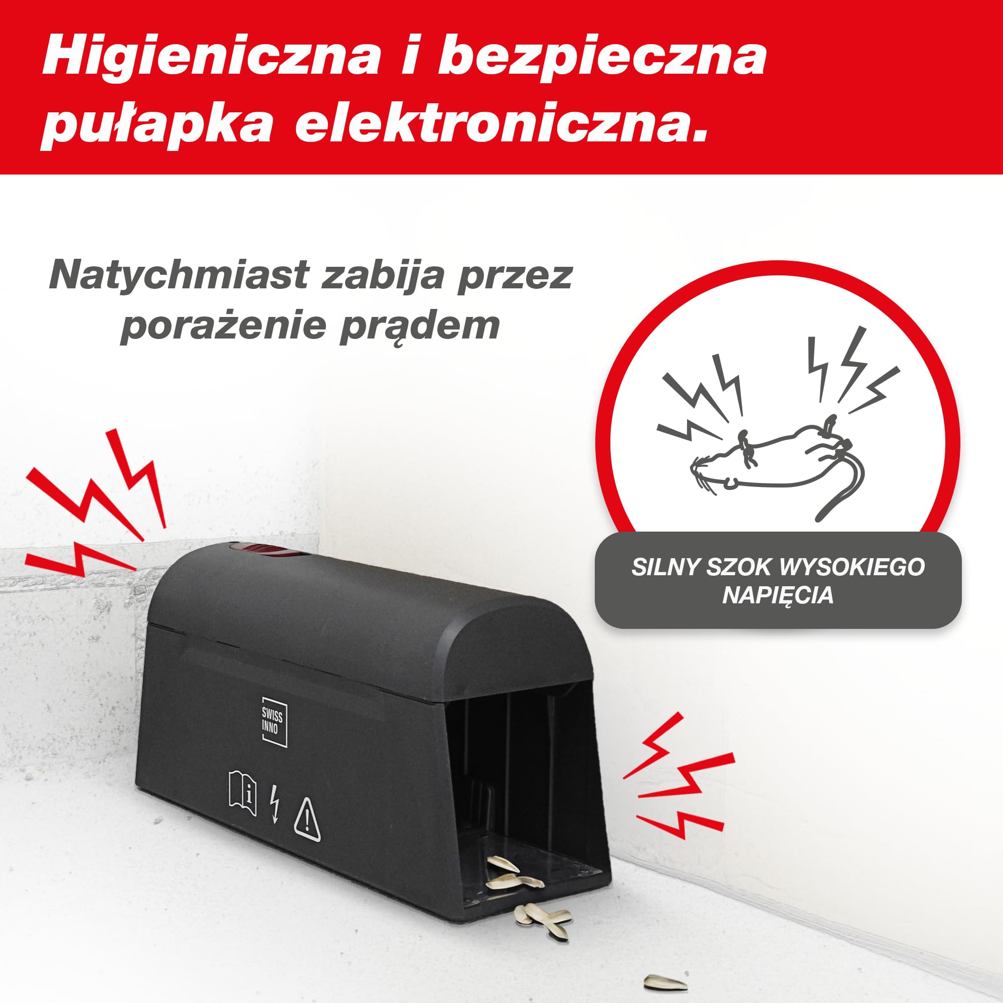 SWISSINNO Elektroniczna Pułapka na Myszy i Sczury SuperCat. Bezpieczna i odpowiednia dla danego gatunku pułapka elektrowstrząsowa. Stan połowu za pośrednictwem Bluetooth aplikacji. Produkcja UE. x1