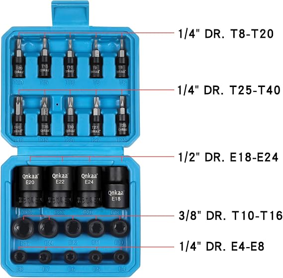 Qnkaa Torx Bit Socket Female E-Torx External Sockets Set 24PCS