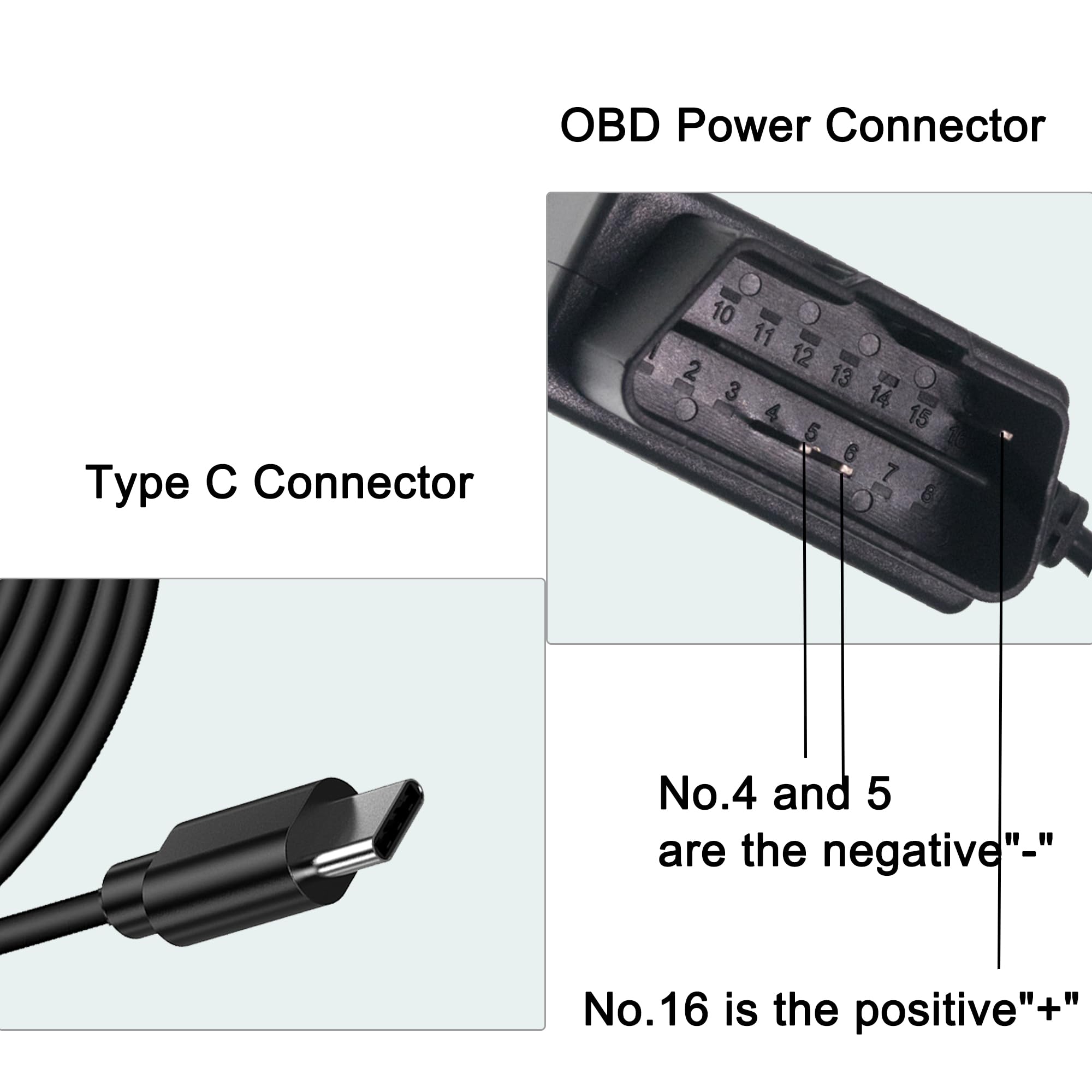 OBD Power Cable for Dash Camera, OBD2 to USB C Adapter, 12-24V to 5V 3A, 24h Parking Mode with Switch, 3.5M