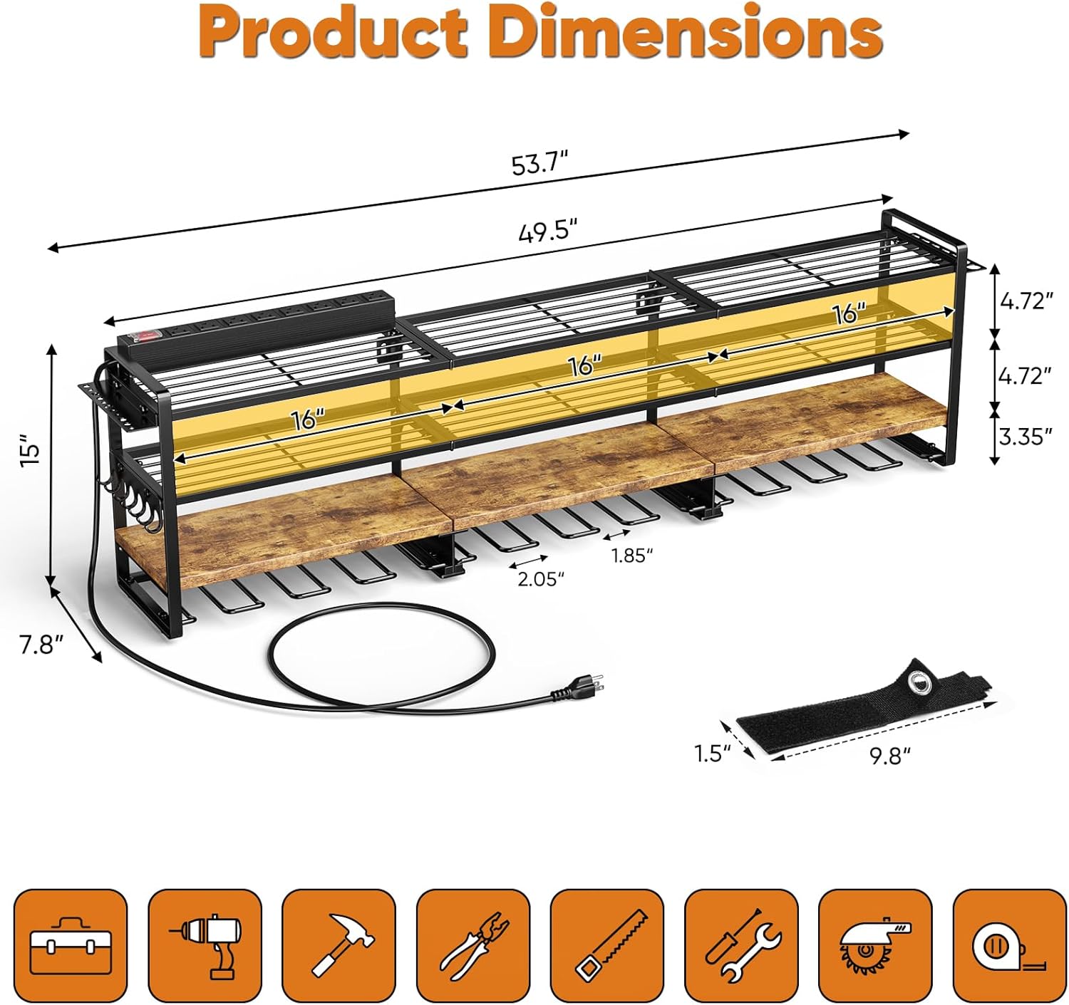 49.5" W Large Power Tool Organizer with Charging Station, 4 Layer Heavy Duty Utility Rack Loads 800lbs, Holds 8 Cordless Drills, Wall Mount Tool Shelf with 8-Outlet Power Strip, Gift for Men