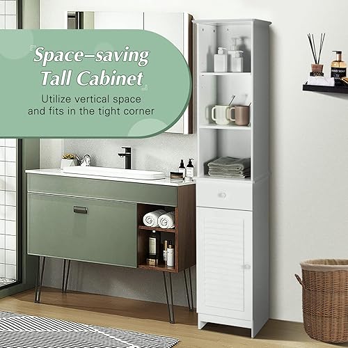 Miniatura 5 de MAT EXPERT Armario alto de baño, armario de almacenamiento independiente con estante y cajón de 3 niveles, torre estrecha de lino para baño,