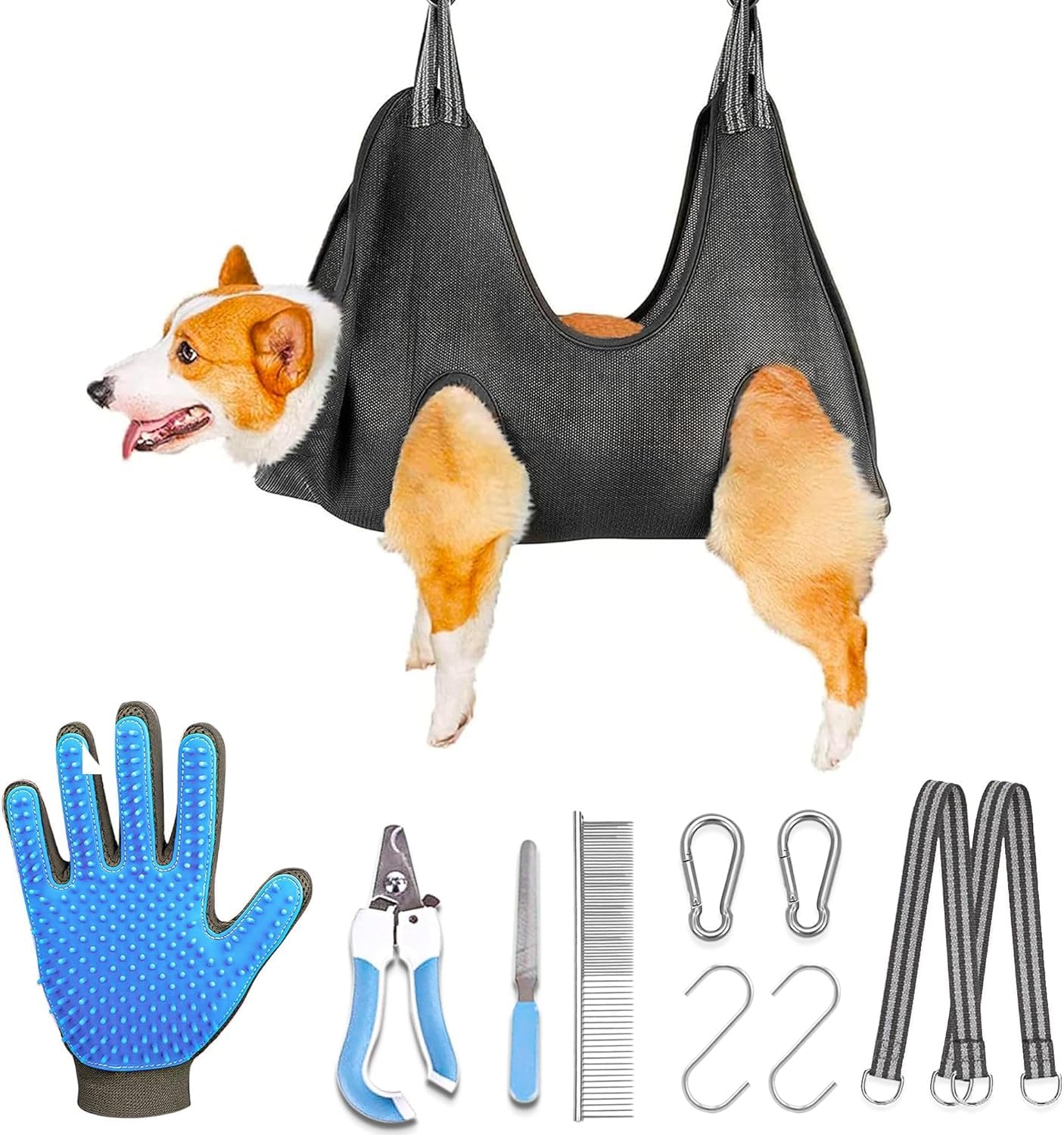 Dog Grooming Hammock for Large Dogs, 60 lbs - All-in-One Dog Grooming Kit, Dog Harness for Nail Trimming Grooming Kit for Dogs at Home - 1x Gloves, Dog Nail Clipper, Dog Brush for Shedding
