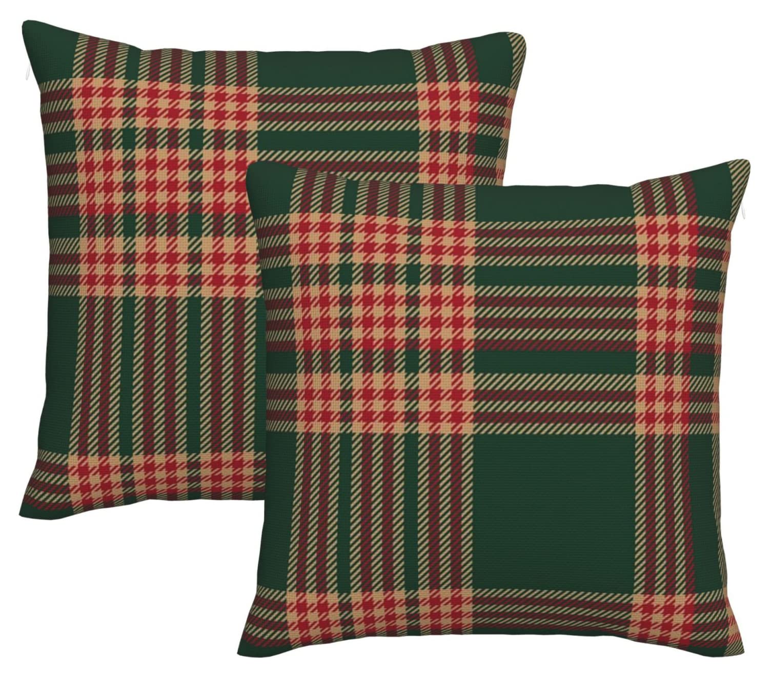 Red and Green Christmas Plaid Throw Pillow Covers 18x18 Inch Set of 2, Scottish Tartan Plaid Decorative Pillow Cases, Rustic Farmhouse Square Soft Linen Cushion Covers for Holiday Couch Sofa Bed Decor