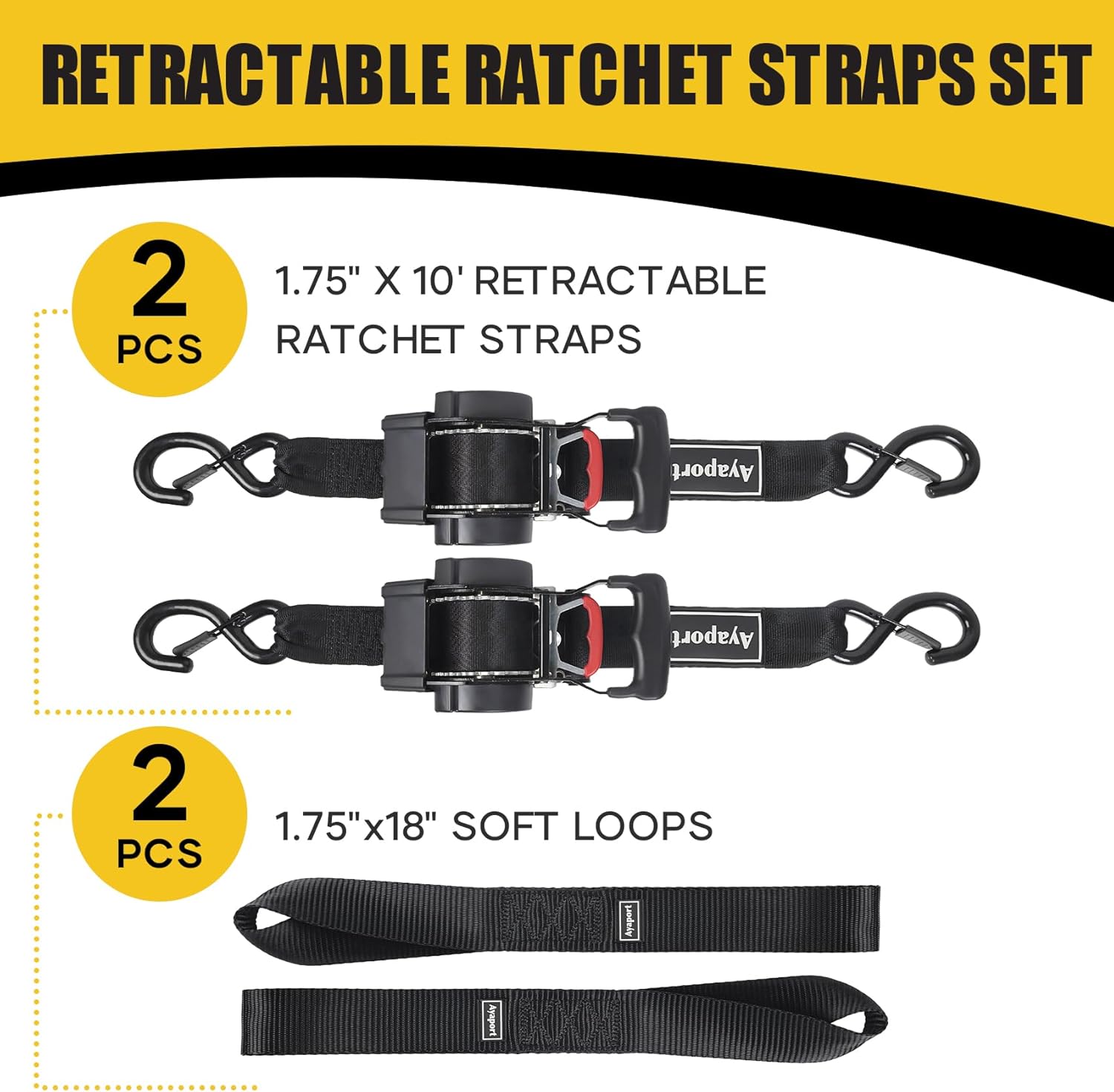 Ayaport Retractable Ratchet Straps 1.75in X 10ft, 4400lbs Break Strength, Heavy Duty Ratchet Straps Self RetractableTie Down Straps with Hook & Soft Loops for Motorcycle, Cargo Trailer, Truck, 2PK - Image 9