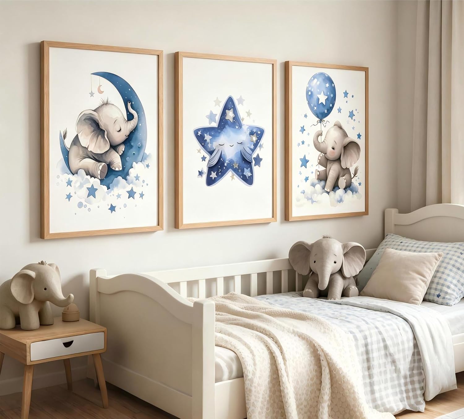 DULASI 3Pcs Nursery Elephant Canvas Wall Art, Baby Boy Room Decor, Watercolor Moon Star Elephant Posters, Unframed Art Prints, Blue Nursery Wall Decor, Baby Gift for Bedroom Playroom 16x24in image 2