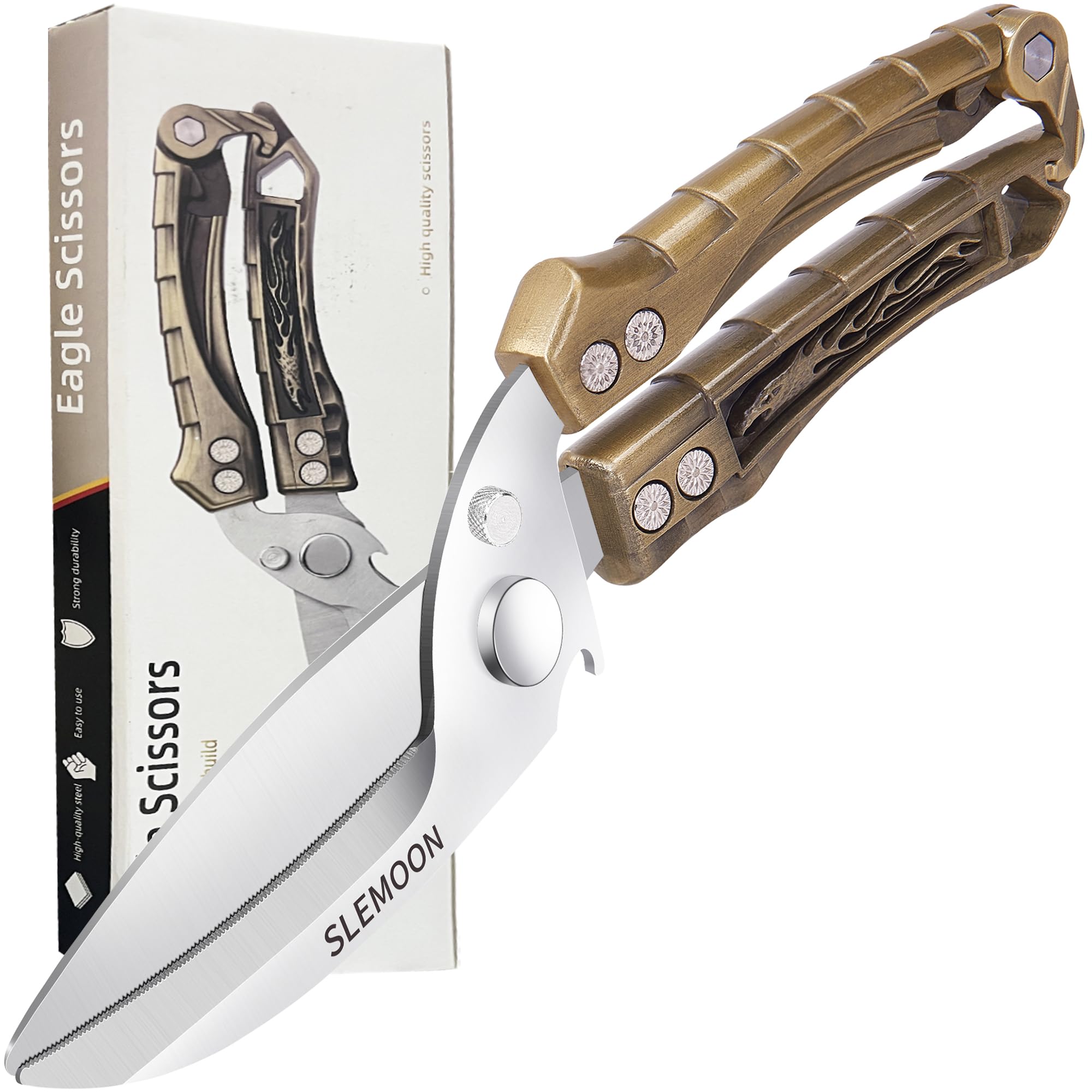 Kitchen Shears Heavy Duty Poultry Shears for Bone,Chicken,Turkey,Meat,Fish and Pizza Cutting Board Kitchen Scissors All Purpose for Food Ideal for Chef and Home Cooking,Dishwasher Safe Brass