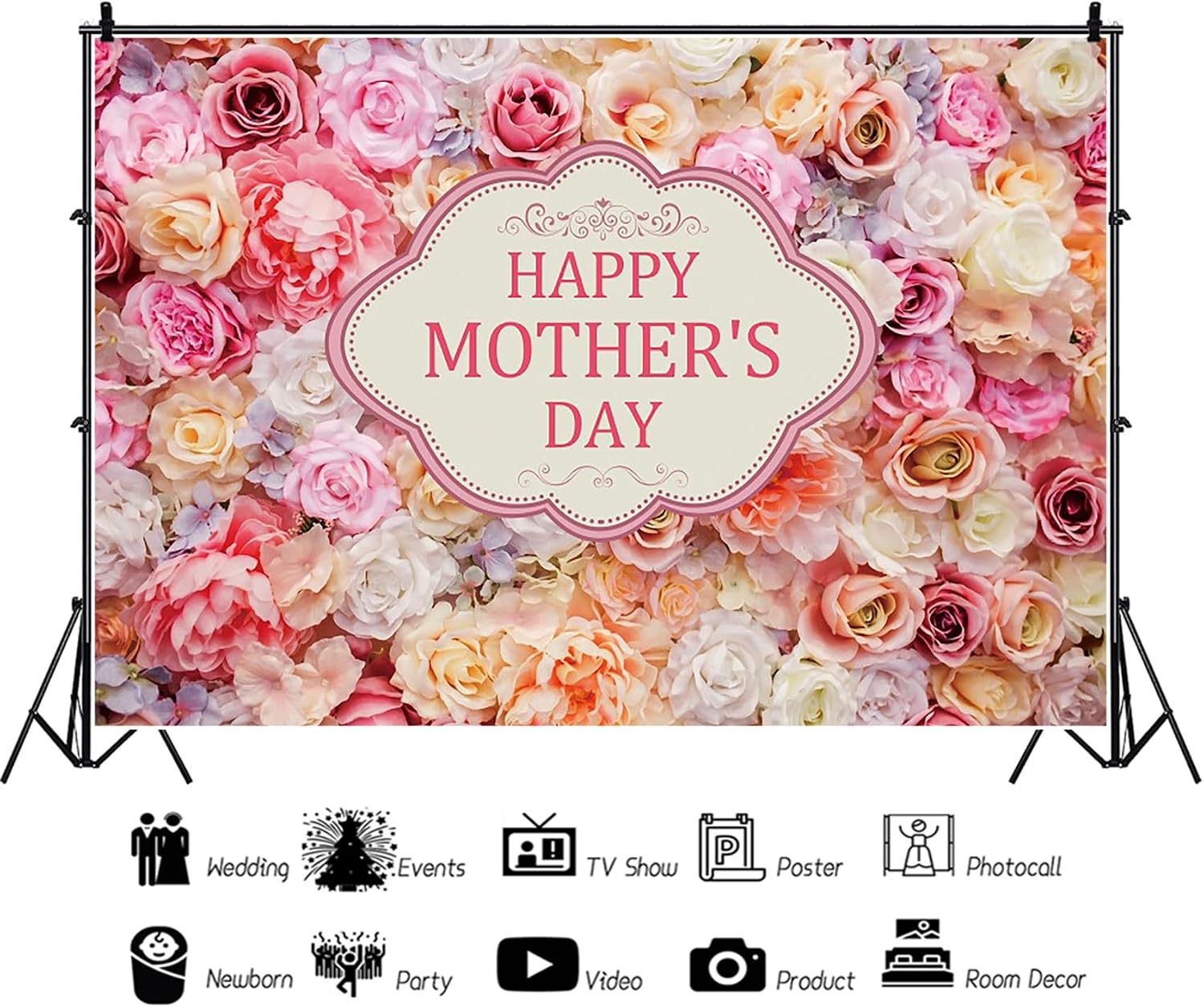 Renaiss 7x5ft Happy Mother's Day Backdrop for Photoshoot Family Portrait Pink Champagne Rose Flowers Mother's Day Photography Background Mother's Day Banner Party Decors Photo Studio Booth Props
