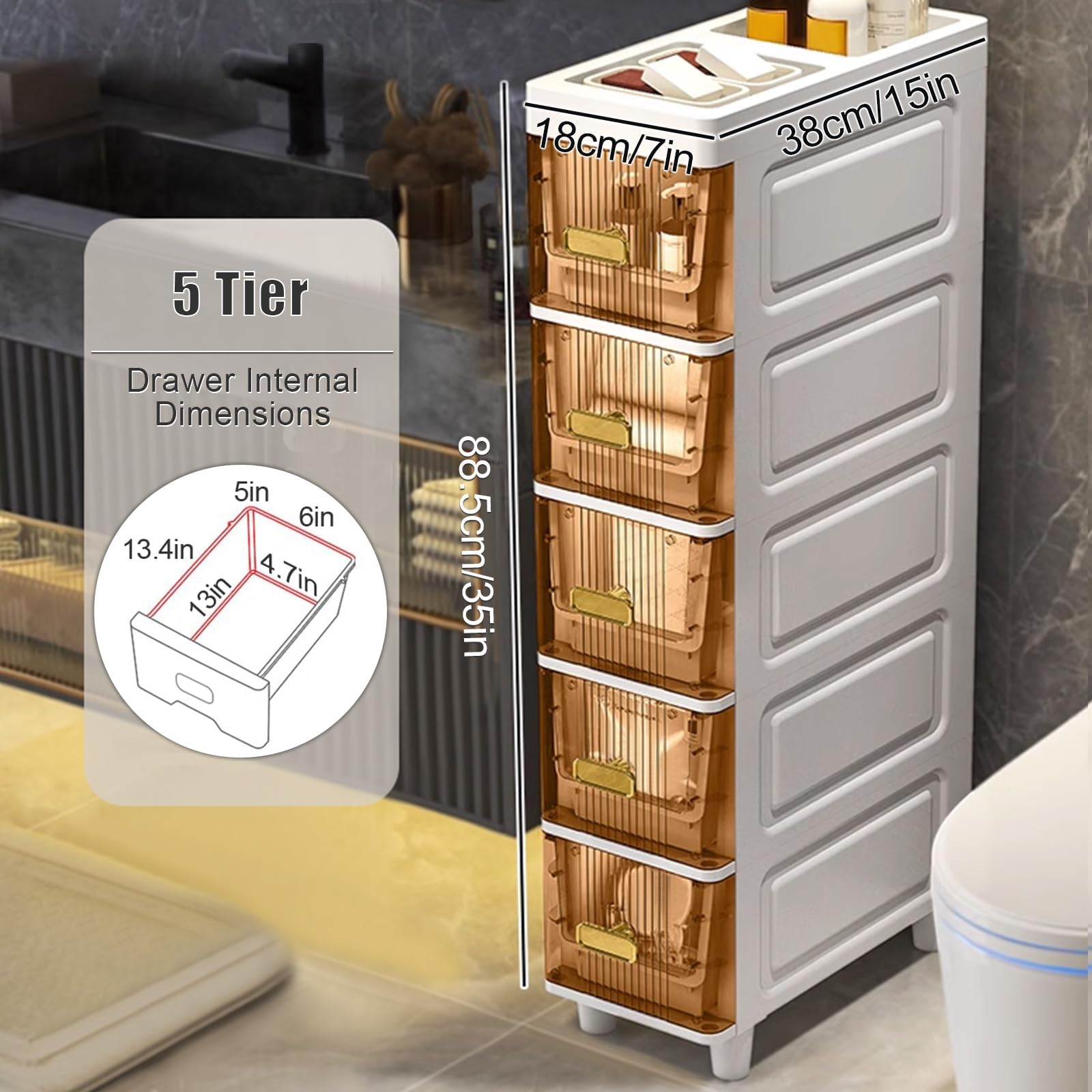 Armadietto Portaoggetti Sottile Per Bagno Stretto | 5 Ripiani, Organizzatore Multifunzionale Con Ruote Per Cucina E Camera Da Letto