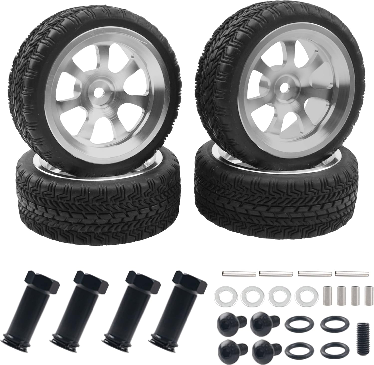 Metal 12mm Hex Hub Wheel Rims & 2.55'' Rubber Tires with 30mm Extension Hex Hub Adapter Compatible with Wltoys 144001 A959 A959-B 124019 124018 1/18 1/14 RC Car (Silver)