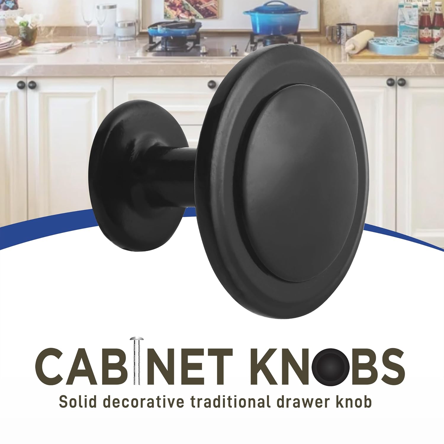 Lifemaster 50pcs 1-1/4 inch Matte Black Cabinet Knobs - Rust-Proof, Modern Design, Strong Zinc Alloy, Drawer Pulls with Short and Adjustable Screws - Stylish Handles for Kitchen, Dresser, and Cabinets