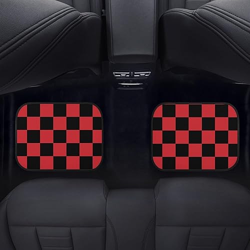 Miniatura 5 de Juego de 4 alfombrillas a cuadros para automóvil, patrón geométrico a cuadros negros y rojos, alfombras delanteras y traseras universales para