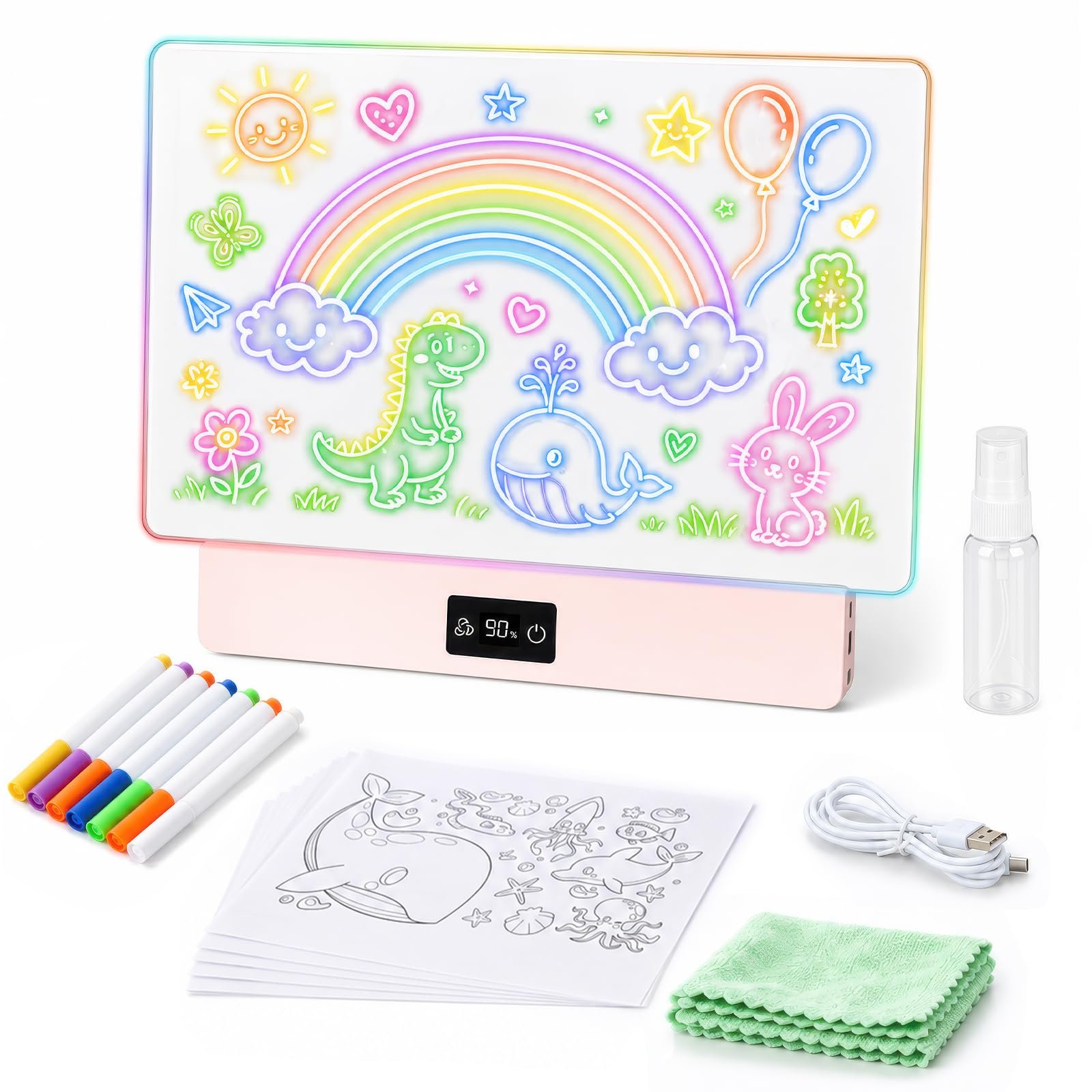 OUTON Lavagna Luminosa LED Bambina con 8 Colori e 3 Modalità di Luce | Tavoletta da Disegno Riutilizzabile con 7 Pennarelli e Modelli, Regalo Creativo per Bambina, Decorazione Cameretta