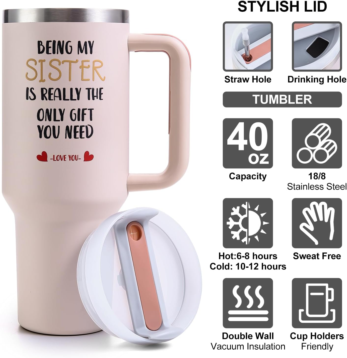 Sister Tumble with Handle 40oz Sisters Birthday Gifts - Sister Gifts from Sisters, Stainless Steel Insulated Travel Cup with Lid, Funny Mother’s Day, Christmas Gifts for Sis Bestie Best Friend - Image 3