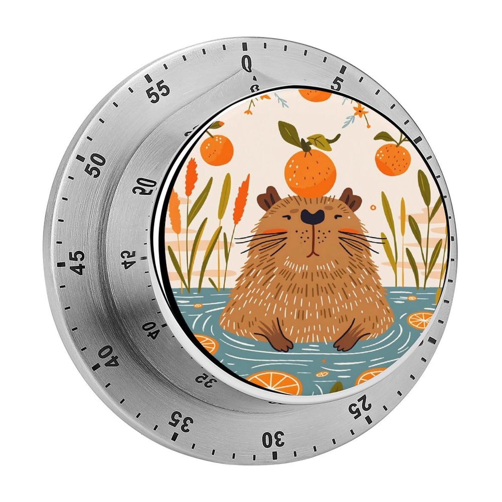 Capybara Orange Fruit 60 Minute Wind Up Timer,Visual Mechanical Magnetic Timer with Loud Alarm for Kitchen