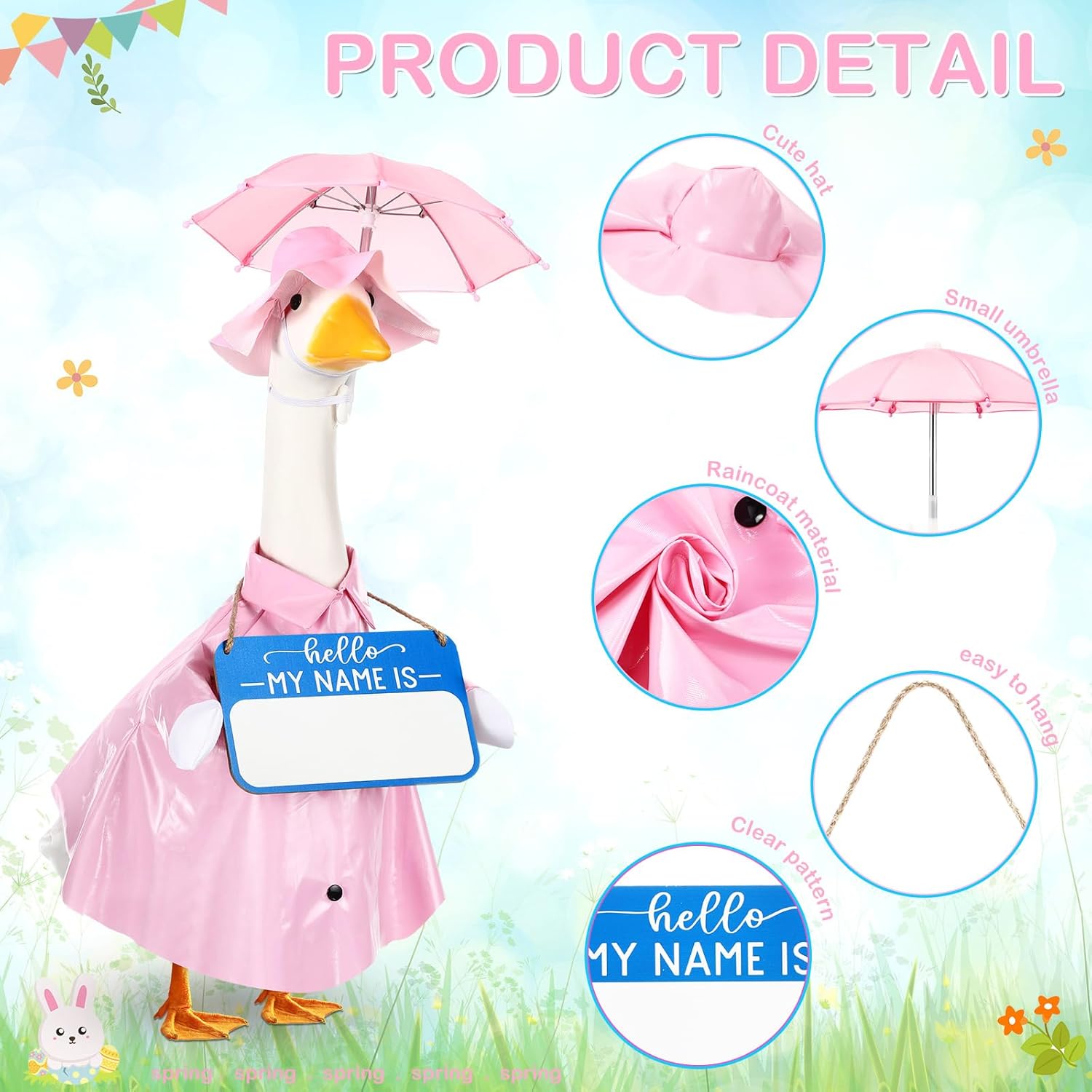 Mindsoft 3 Pcs Raincoat Porch Goose Outfit Spring Raincoat Umbrella with Name Wooden Sign for Lawn Cement 23 Goose Statue Clothes Outdoor Patio Yard Lawn Decoration(Classic,Pink)