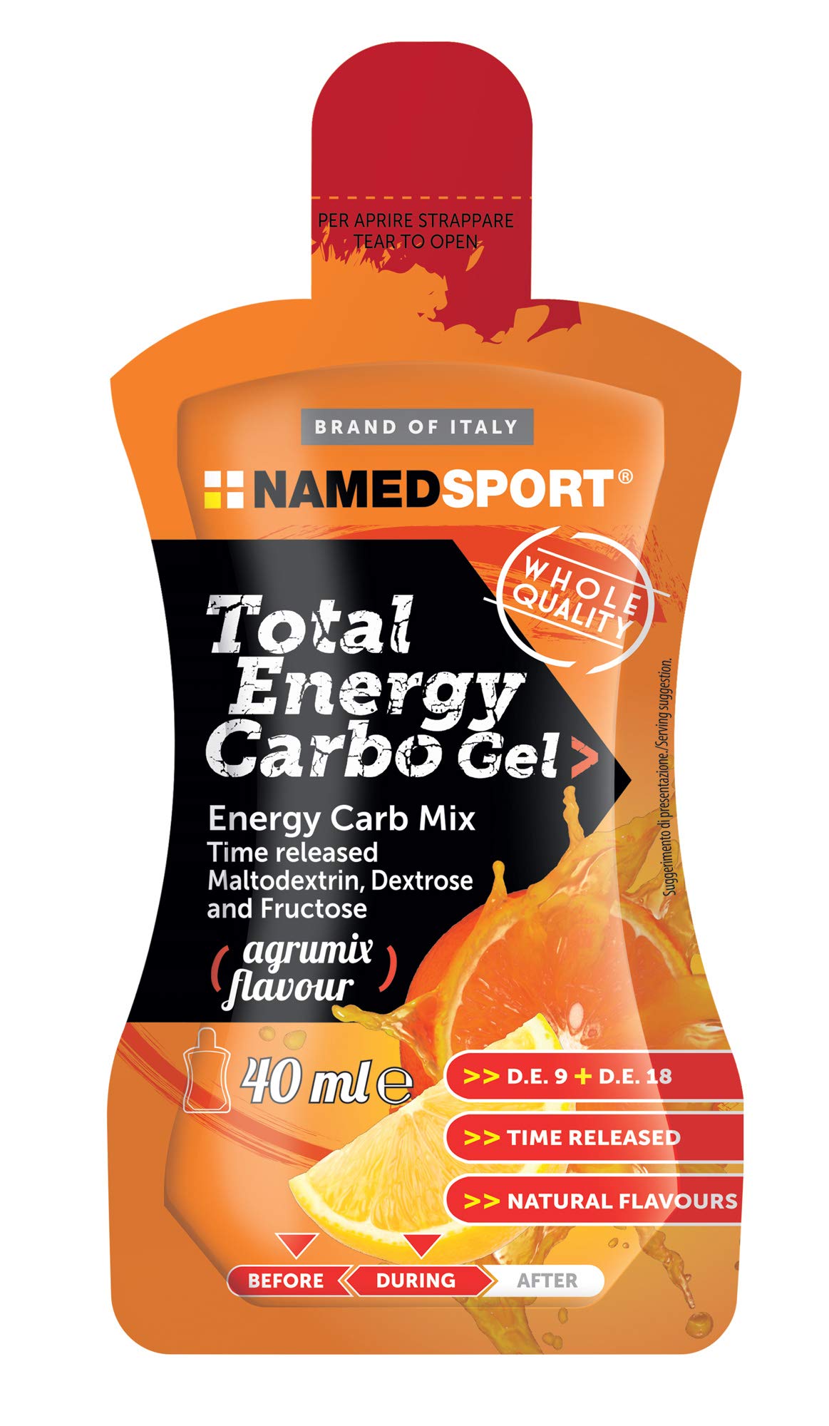 NAMEDSPORT Total Energy Strong Gel | Gel Energetico con Caffeina, Taurina e Guaranà | Sport di Endurance (Ciclismo, Running, Triathlon) | Vegano e Senza Glutine | Gusto Agrumi 24 x 40 ml
