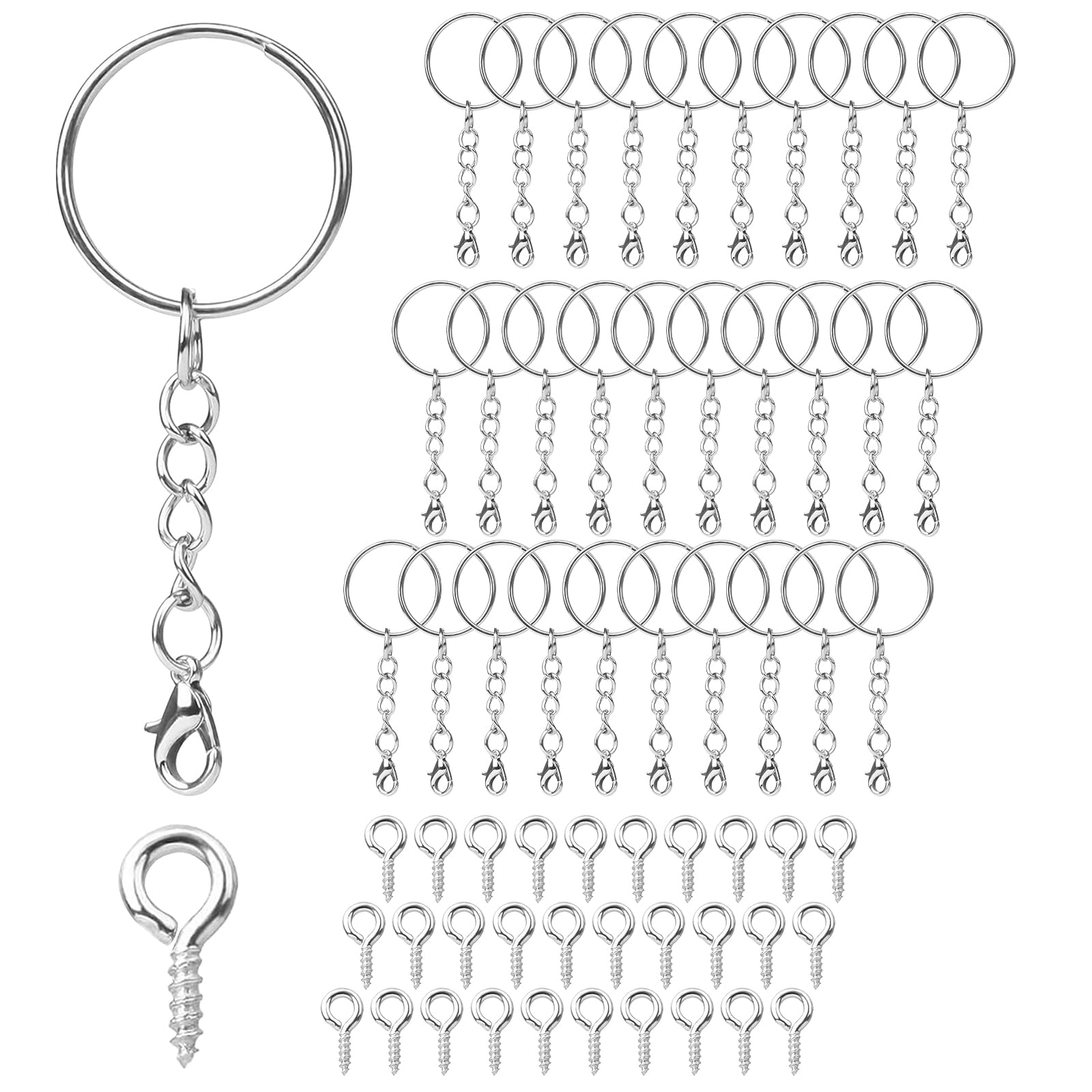 AiQInu 100 Anelli Portachiavi Da 25mm Con Catena E Bullone – Set Fai Da Te In Metallo Nichelato Per Mestieri E Accessori