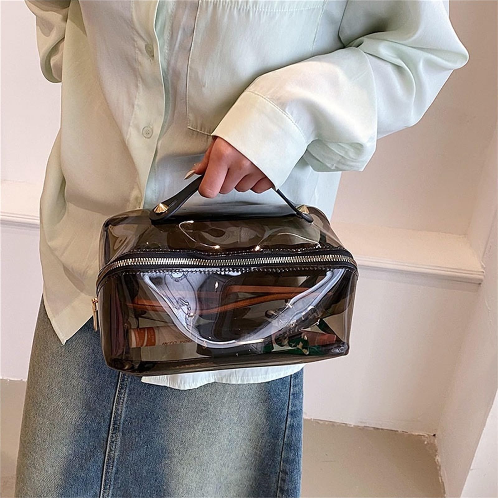 1 borsa trasparente for trucco da donna, cuscino di grande capacità, organizzatore viaggio, for il, toilette portatile, for cosmetici, borse con cerniera Per Viaggi(Brown)