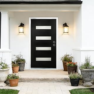 KEIKI 36" x 80" Fiberglass Front Door with Brickmould, Frosted Glass, Knock-Down Entry Door with 6-9/16 Vinyl Frame, Left-Hand Inswing, Black