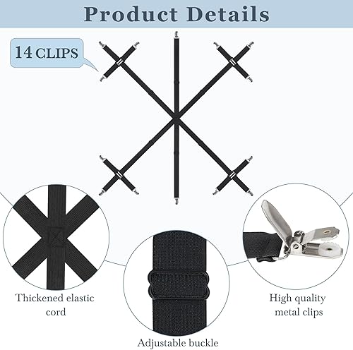 Miniatura 5 de Mkono Correas de soporte para sábanas, cierre elástico ajustable que mantiene las sábanas firmes y apretadas, clips de metal cruzados de 6 vías,
