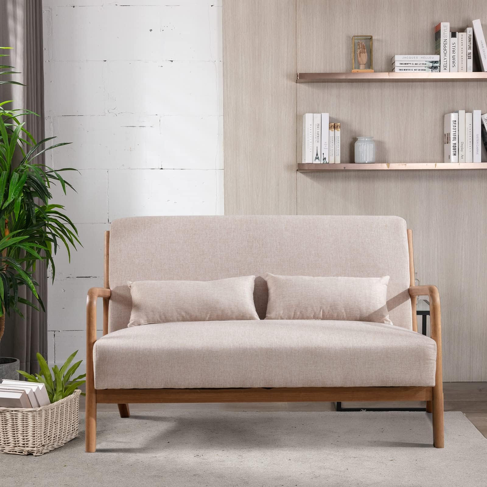 INZOY 50" Love seat Sofa 2-Seater Mid Century Modern Accent Chair, Uplostered 2 Person Couch Loveseat for Small Place Bedroom Office, Wood Frame and Attached 2 Waist Cushions, Beige