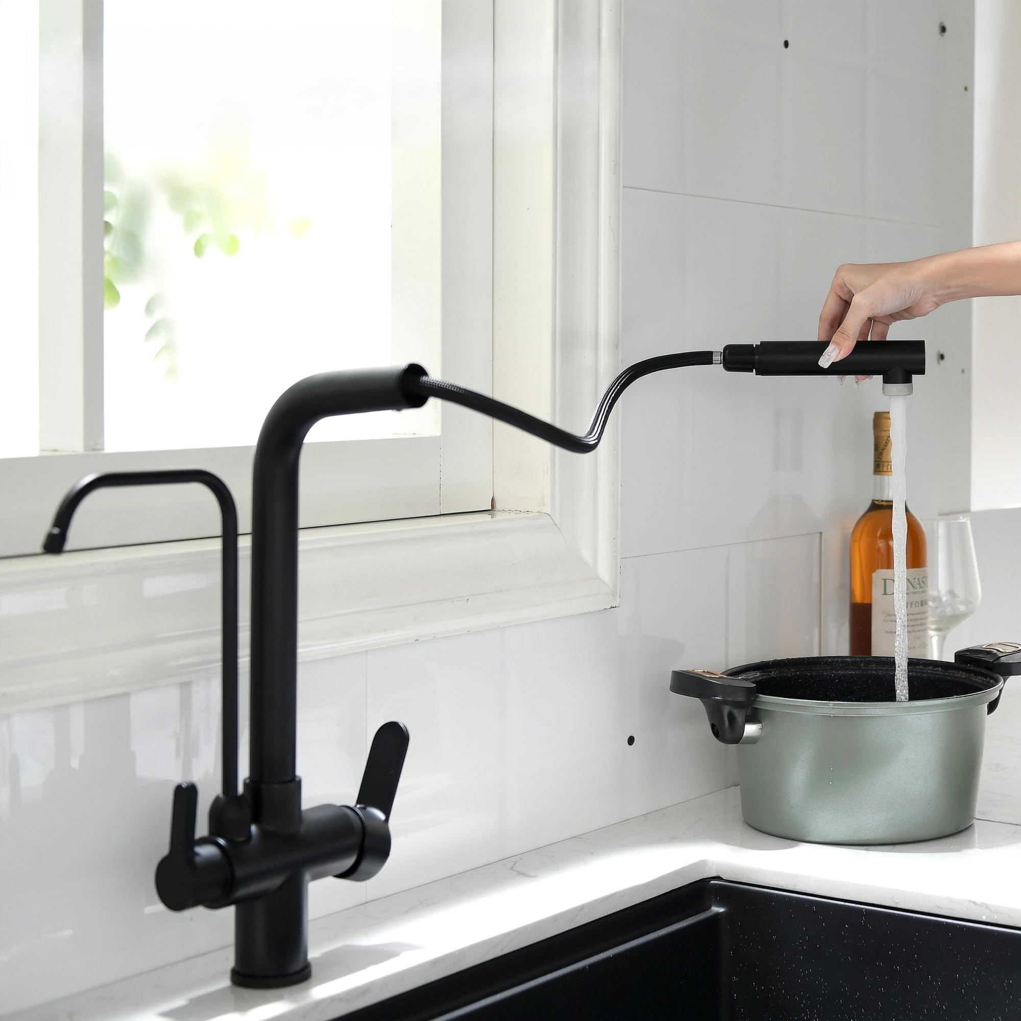 Grifo de Cocina Ósmosis 3 Vías con Ducha Extraíble, Giratorio 360°, Grifo Fregadero 3 en 1 para Agua Fría/Caliente y Agua Filtrada, Grifo para Ósmosis (negro)