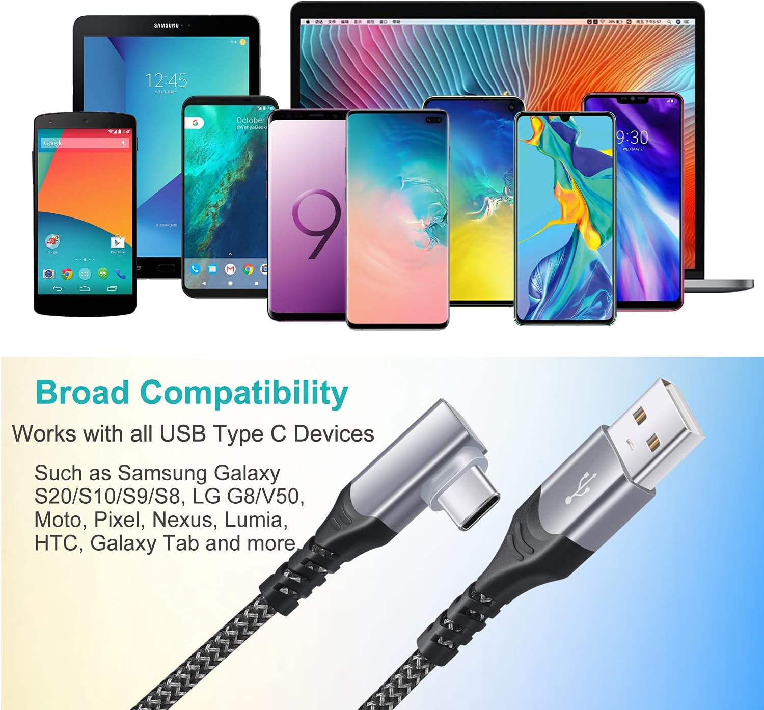 Get Popular Offer USB Type C Cable 90 Degree Right Angle 10FT, OKRAY 2-Pack USB-A to USB-C Fast Charger Cable Long Nylon Braided High Speed Sync Cord Compatible for Samsung Galaxy S20/S10/S9, LG, Pixel (Black Black)