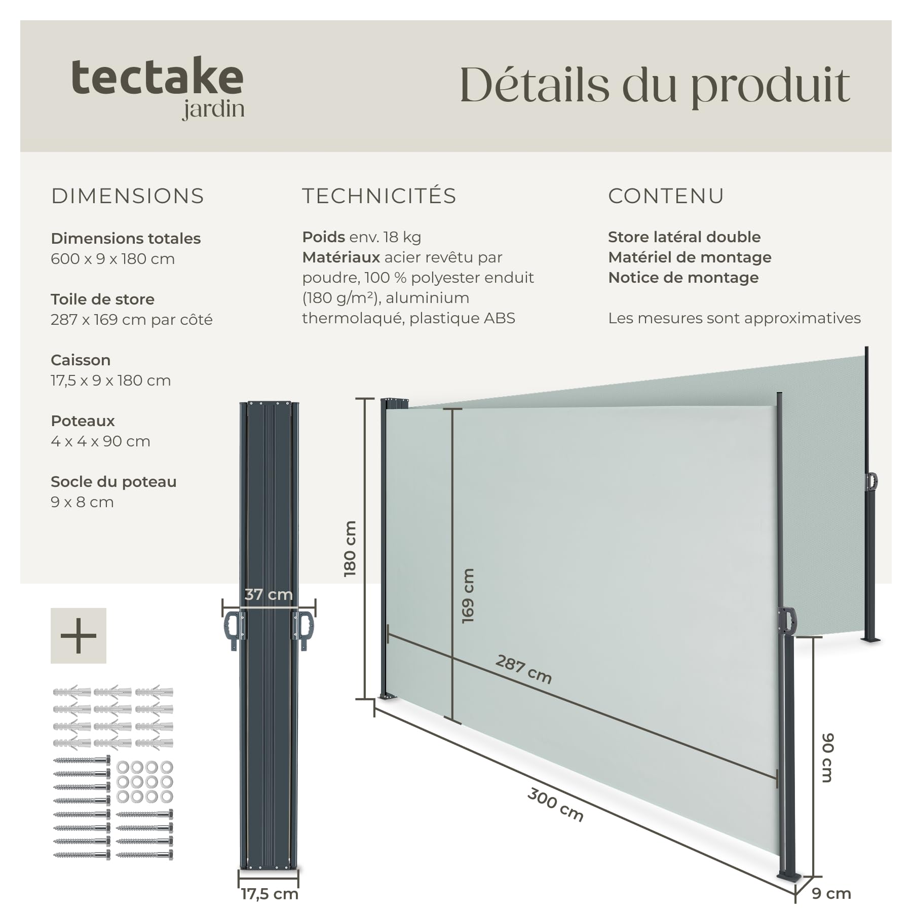 tectake® Store Latéral Double 180 x 600 cm, Résistant aux intempéries, Extensible avec mécanisme d'enroulement, Brise Vue Opaque, Protection Soleil et Vent, Tissu en Polyester Enduit - Gris