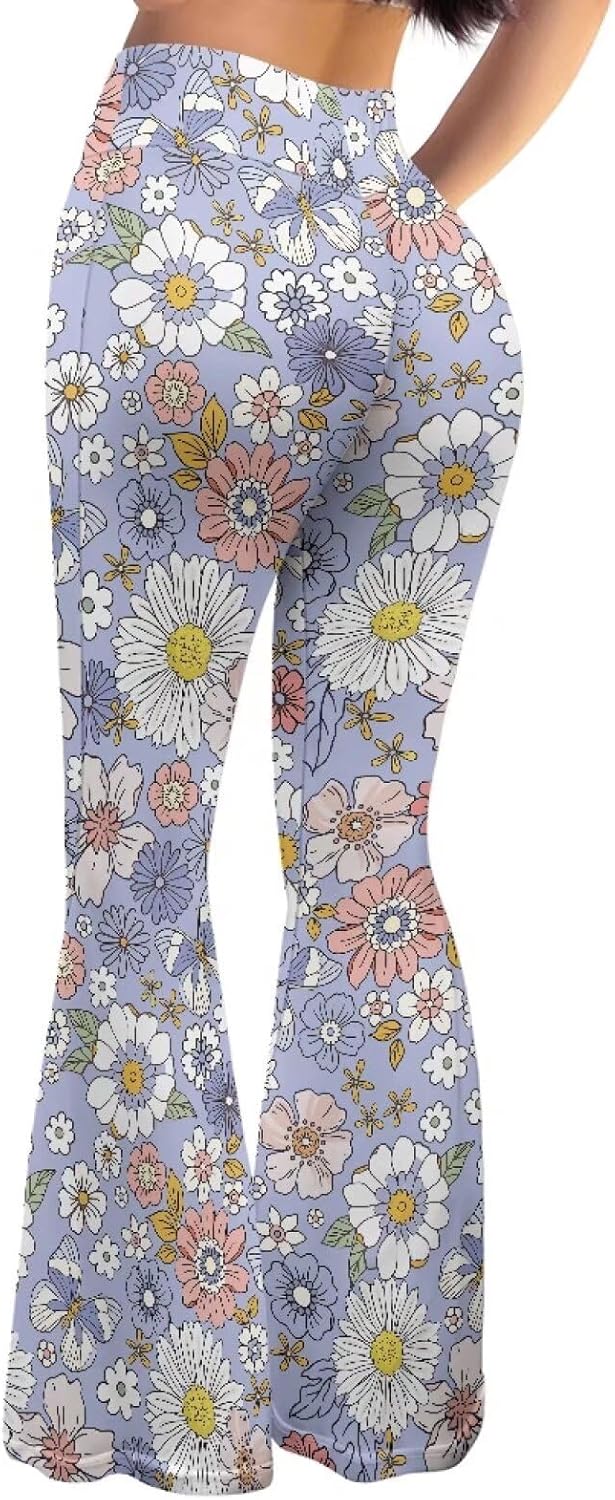 Amzbeauty Flared Yoga Pants for Women Fashion Print Stretchy High Waist Casual Wide Leg Bell Bottom