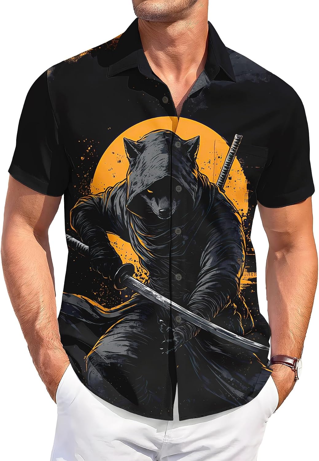 Men's Novelty Print Short Sleeve Shirt, Casual Button Down Summer Top, Funny Graphic Pattern Design image 2