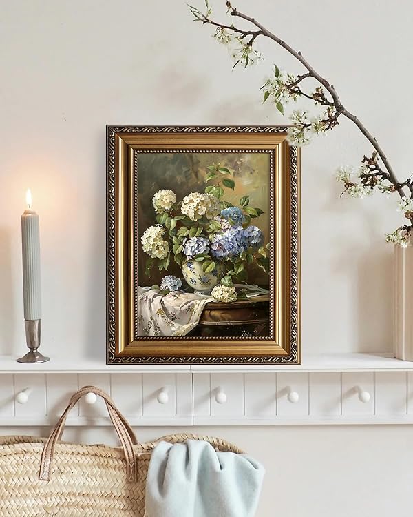 KBKBART Vintage Framed Wall Art for Living Room - Moody Blue and White Hydrangeas Flower Canvas Oil Painting Prints for Wall Decor, Classical Floral Wall Decor, Antique Botanical Art Print for Bedroom Bathroom Wall Pictures Artwork, 9"x 12" by KBKBART - Used condition - Image 3