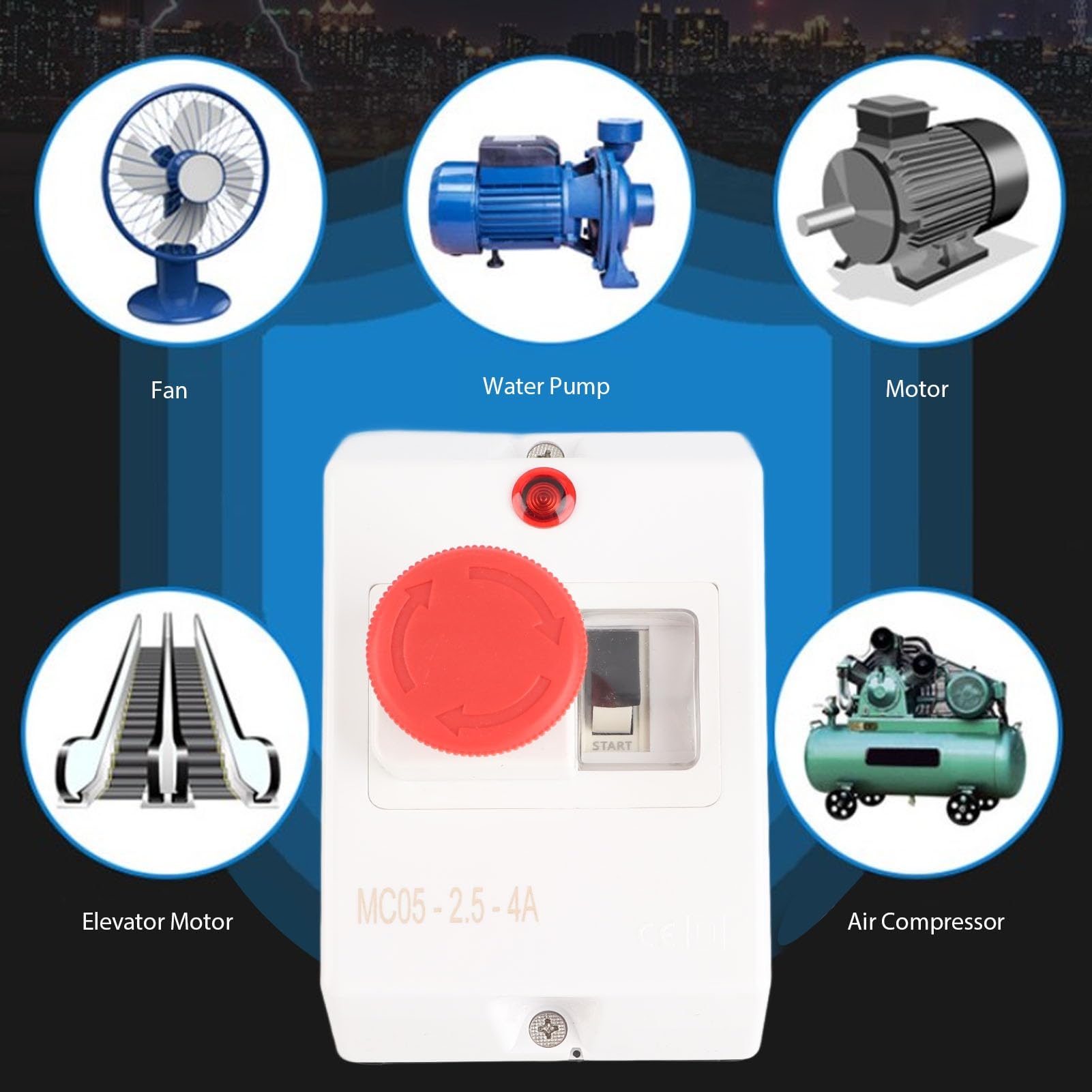Not-Aus- und Signallampe – Motorschutzschalter mit Strombereich von 2,5 bis 4 A – kompatibel mit 230 V, 240 V, 400 V, 415 V, 500 V, 690 V Industriemotoren – wasserdicht nach IP55.