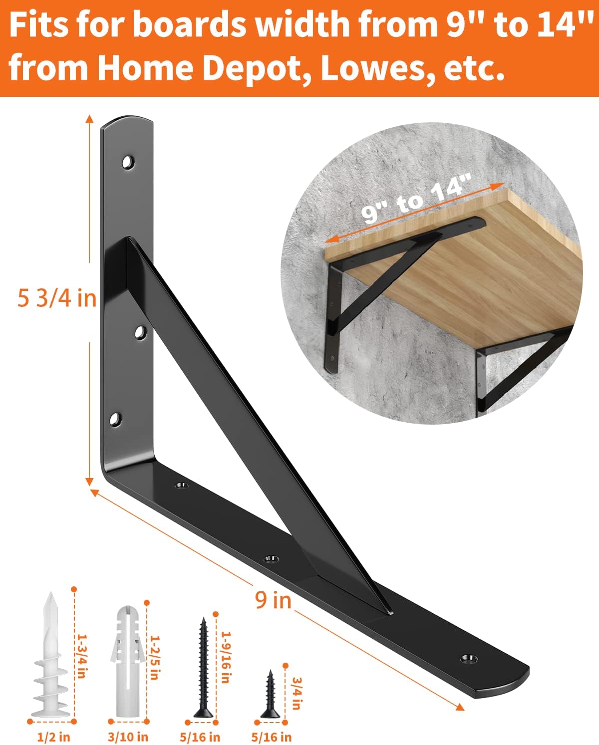 LuckIn 12-Pack Heavy Duty Shelf Bracket, 9 Inch Wall Shelf Brackets Fit for 10 12 Inch Floating Shelves, 90 Degree Triangle, 250 LBS Max Load, Mounting Hardware Included, Black