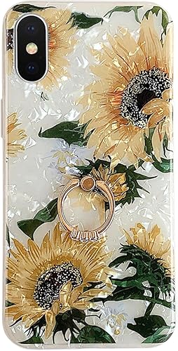 Miniatura 9 de Qokey Funda para iPhone Xs Max, funda transparente con diseño de flores, linda moda para mujeres y niñas, con soporte de anillo giratorio de 360