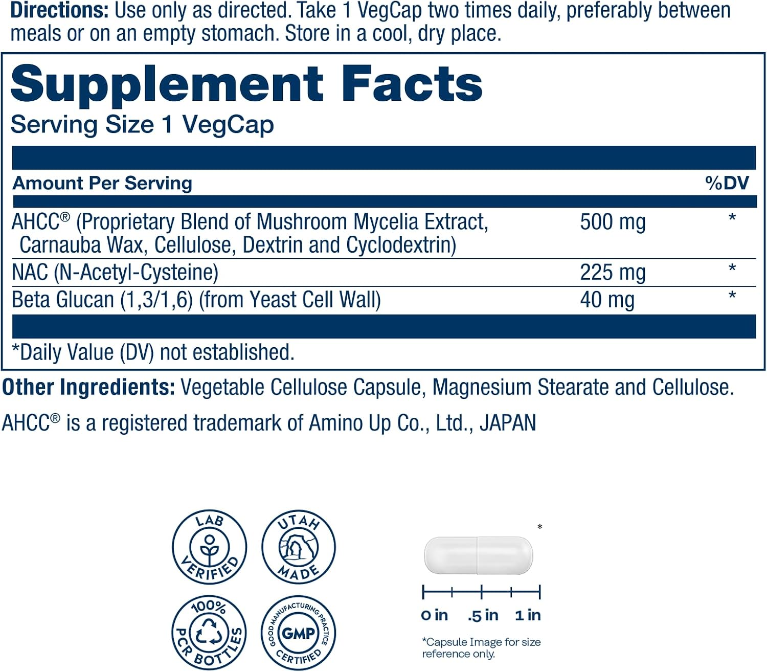 SOLARAY AHCC Mushroom Supplement Plus NAC and Beta Glucan - Mushroom Complex for Powerful Wellness Support - 60-Day Guarantee, Lab Verified - 30 VegCaps, 30 Servings